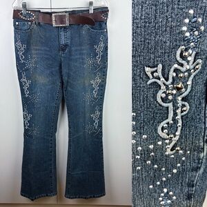 Y2K Vintage Low Rise Boot Cut Studded Belted Jeans McBling Bratz Baddie Blue